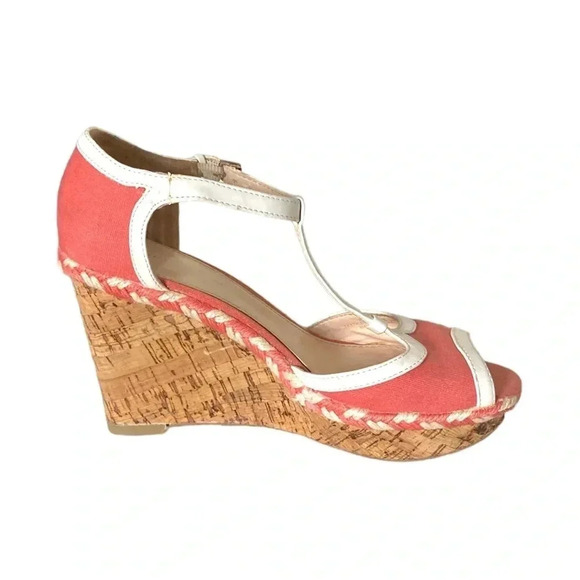TOMMY HILFIGER | Women’s Dacey Coral Canvas Sandals Peep Toe Cork Wedge Size 8 - Picture 2 of 9